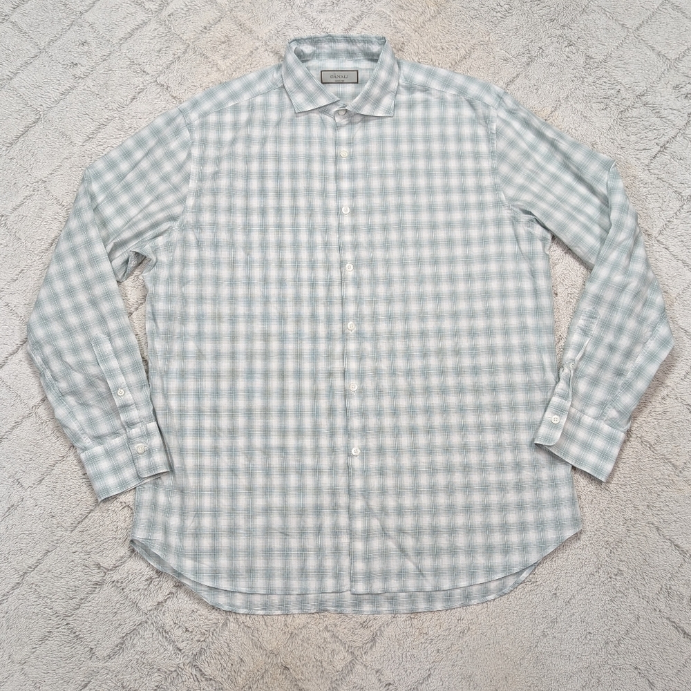 Canali Shirt Mens XL Green Check Cotton Ombre Sport Button Up Long Sleeve Office